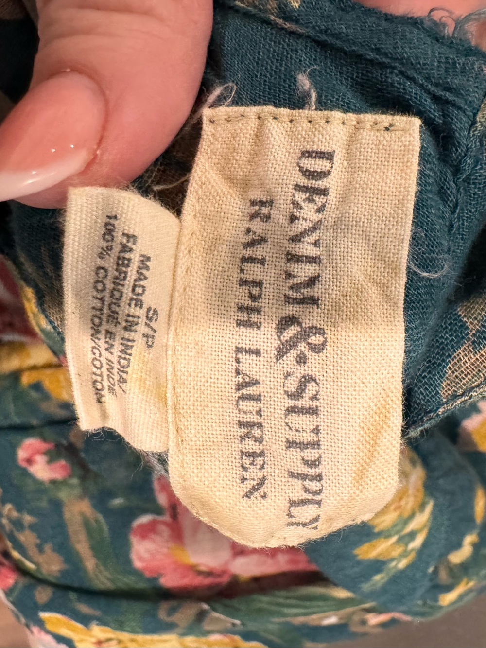 Ralph Lauren Teal 100% Cotton Floral Peasant Blouse with Pink & Yellow Blooms - Picture 5 of 5